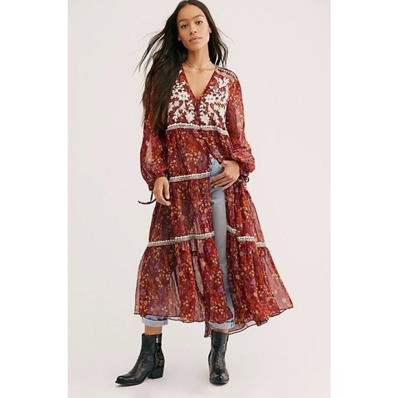 Free People Dresses & Skirts - Free People Call On Me Dress Maxi Dress Sz S Embroidered Merlot Festival Boho